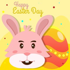 Head bunny happy for Easter  DAy Celebration Poster Design with Printed Eggs and Cartoon Bunny on Yellow Background.