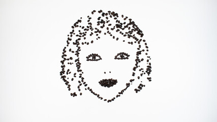 Face of a young smiling woman made from chocolate seeds. Look of a contented woman.