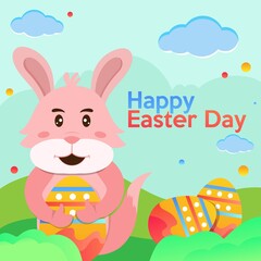 Happy bunny found egg for Easter  DAy Celebration Poster Design with Printed Eggs and Cartoon Bunny on grass Background.