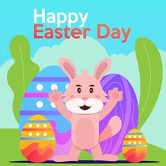 Happy bunny found have many egg for Easter  Dayy Celebration Poster Design with Printed Eggs and Cartoon Bunny on grass Background.