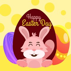 Happy bunny From hole for Easter  Dayy Celebration Poster Design with Printed Eggs and Cartoon Bunny on yellow Background.