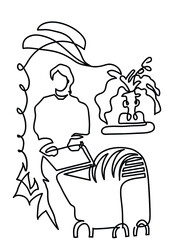 One line drawing of  fitness mother walking with stroller in park.
One continuous line drawing of joy of motherhood.
