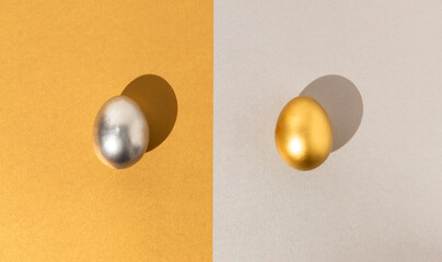 Golden and silver Easter eggs on two different background. 2021 Modern Easter card with empty space for text. Creative food composition.