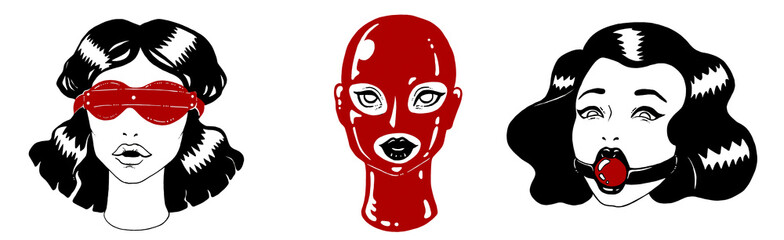 Sexy set with attractive elegant vintage BDSM girls with ball gag, latex mask and blindfold. Isolated on white background. Graphic erotic illustration collection. 