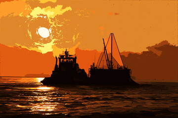 Tug Boat at Sunset Near Long Beach, California, in the Morning with the Sun Silhouetting the Wheelhouse © Gary Peplow