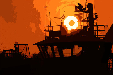 Tug Boat at Sunset Near Long Beach, California, in the Morning with the Sun Silhouetting the Wheelhouse © Gary Peplow