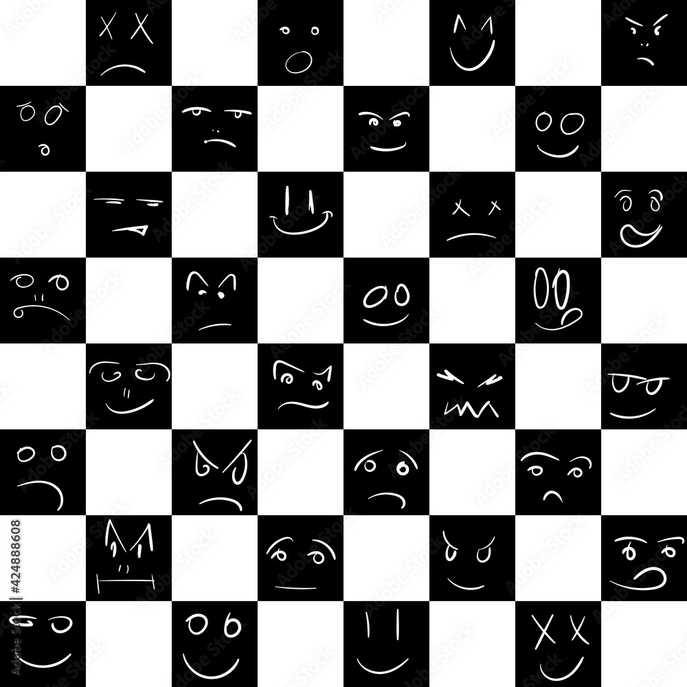 Poster Chessboard And Different Faces. Checkered Board And Faces Pattern. Vector.