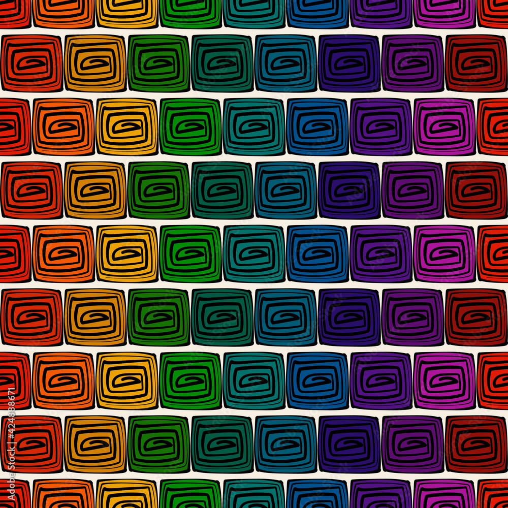 Poster colorful squares snd black spirals pattern. seamless colorful spirals pattern. vector. roulette orna