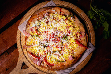 melted mozzarella cheese pizza with dark background