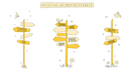 Set of yellow doodle road sign. Simple summer signposts with flowers and butterflies.