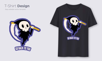 scythe and skull in hand. Prints on T-shirts, sweatshirts, cases for mobile phones, souvenirs. Isolated vector illustration on white background.