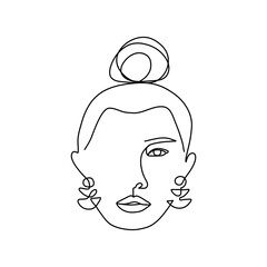 Woman face with hair and clay earrings continuous line drawing. Abstract minimal woman portrait. Aesthetics Art print, feminine and minimalist logo, icon, label, packaging design.