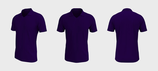 Blank collared shirt mockup, front, side and back views, tee design presentation for print, 3d rendering, 3d illustration