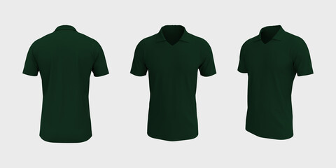 Blank collared shirt mockup, front, side and back views, tee design presentation for print, 3d rendering, 3d illustration