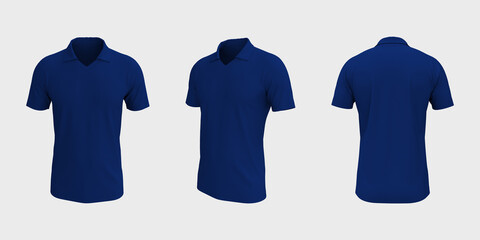 Blank collared shirt mockup, front, side and back views, tee design presentation for print, 3d rendering, 3d illustration