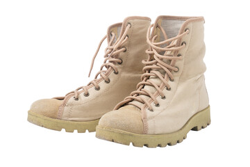 Old sandy beige tracking boots on white background. Isolated.