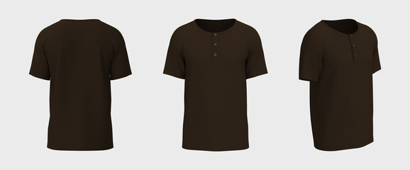 Blank short-sleeve henley t-shirt mockup. Front, back and side views, design presentation for print, 3d illustration, 3d rendering