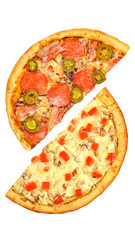 Pizza, two halves isolated on a white background. Versus concept. Appetizing pizza.