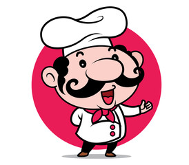 Cute chef cartoon with big moustache introduce menu for your food business on red circle background - character mascot