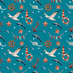 Watercolor seamless pattern with sea elements. Sea set on background.