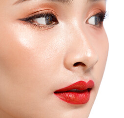 Fototapeta premium girl shows Face, Eyes, Lips with red lipstick for Skin care treatment