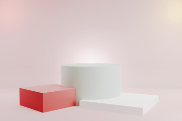 3D rendering: 3 colours of podiums in red green white with geometric shape on pink background