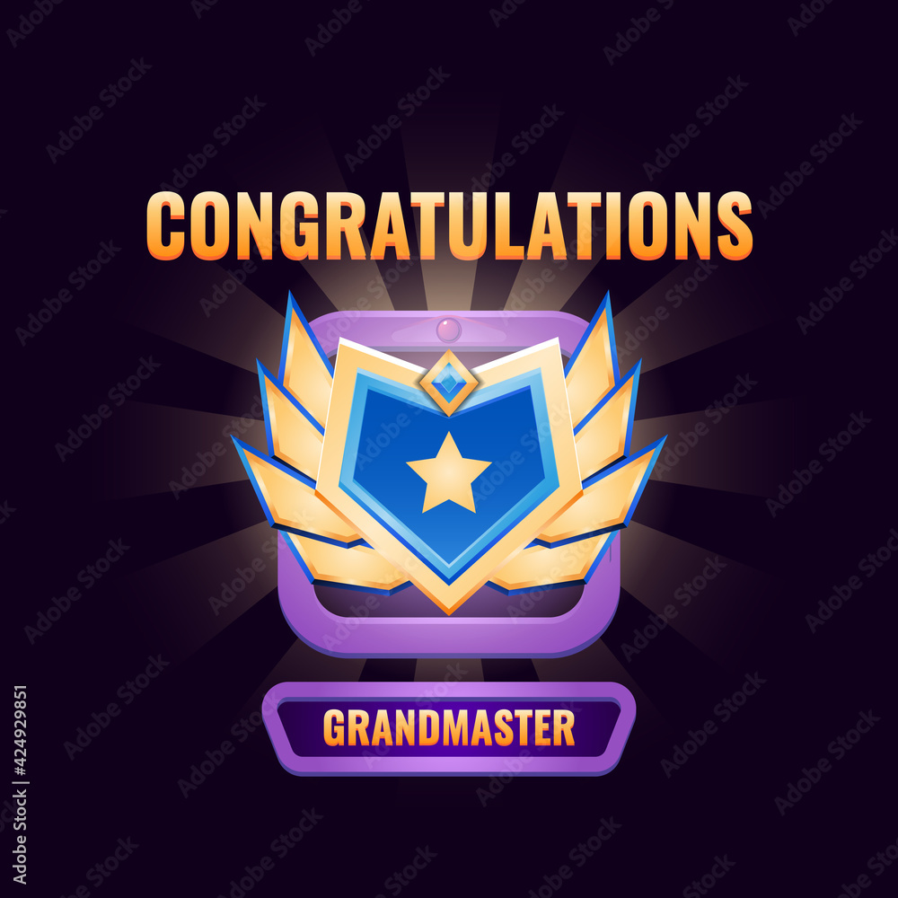 Poster ranked up interface with golden diamond badge with wings for gui asset elements vector illustration