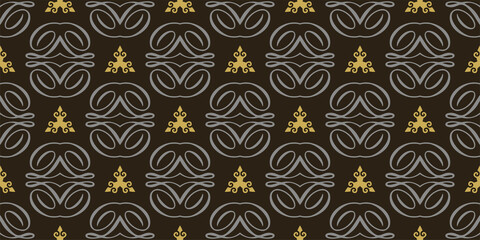 Background pattern with decorative elements of gray and gold on a black background. Seamless wallpaper texture for your design. Vector graphics