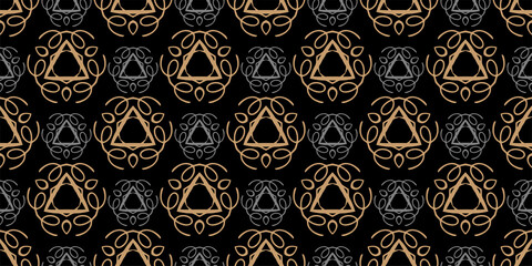 Abstract background pattern with gold geometric ornament on a black background. Seamless wallpaper texture for your design. Vector graphics