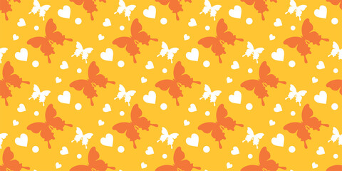 Summer abstract background pattern with butterflies, hearts on an orange background. Vector graphics