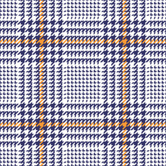 Seamless glen plaid texture in blue, orange, white. Tweed tartan plaid hounds tooth graphic vector pattern for jacket, coat, skirt, throw, other spring summer autumn everyday fashion textile print.