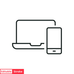 Laptop and mobile phone line icon. Simple outline style. Desktop, device, screen, display, smartphone, responsive concept. Vector illustration isolated on white background. Editable stroke EPS 10.