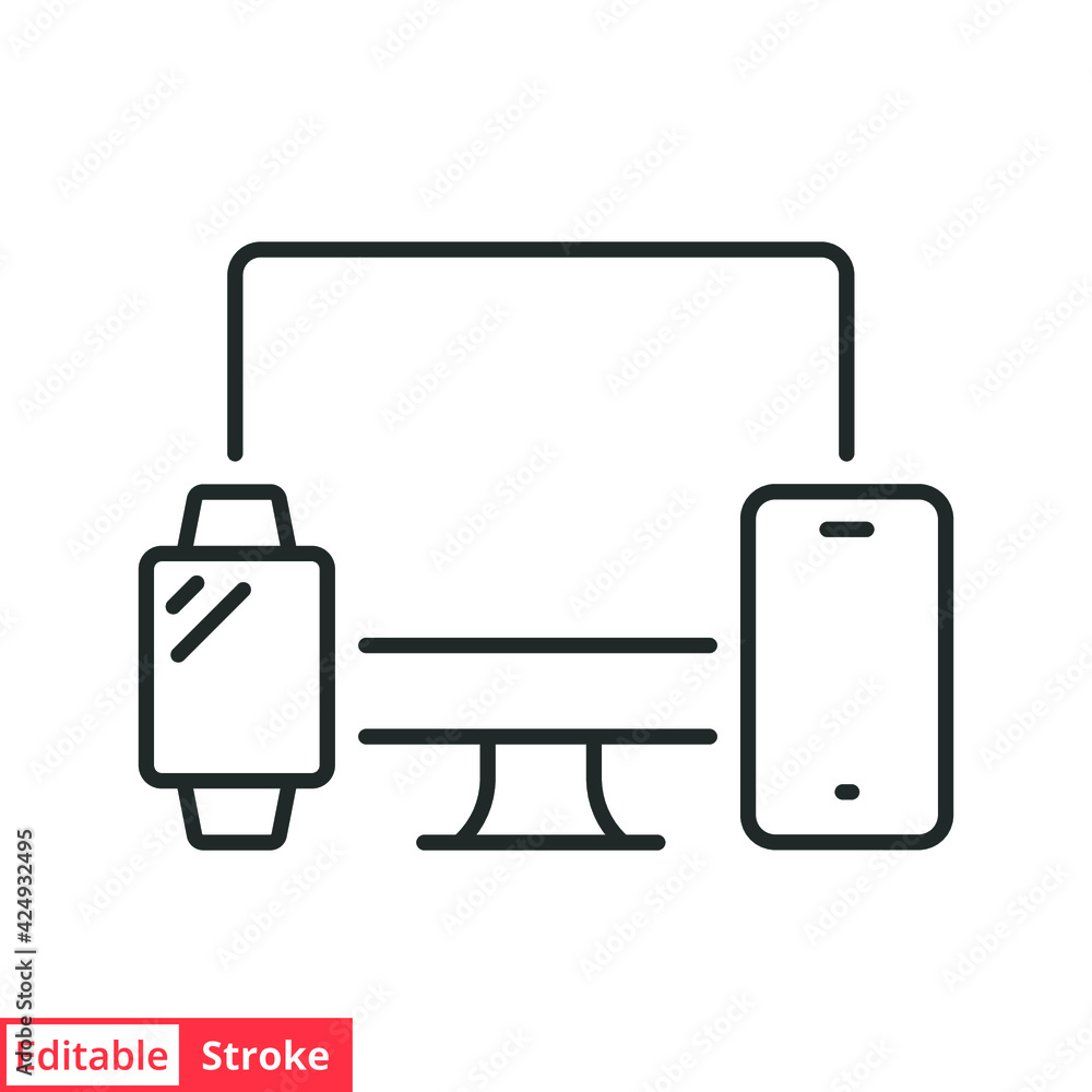 Poster computer monitor, smartwatch and mobile phone line icon. simple outline style. cloud connection betw