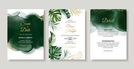 Elegant green tropical watercolor wedding invitation card template