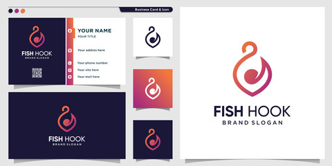 Fish hook logo template with modern creative style and business card design Premium Vector
