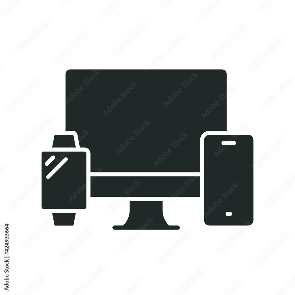 Poster computer monitor, smartwatch and mobile phone glyph icon. simple solid style. cloud connection betwe
