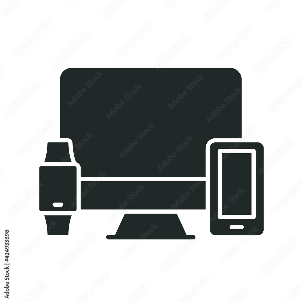 Poster computer monitor, smartwatch and mobile phone glyph icon. simple solid style. cloud connection betwe