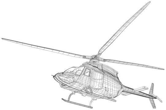 Close-up helicopter. Outline drawing of helicopter. Vector created of 3d, Wire-frame.