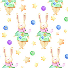 Handpainted watercolour seamless pattern .rabbit, stars and buttons