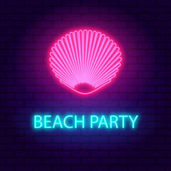 Beach party. Glowing pink and blue neon sign. Incription on dark brick wall background.