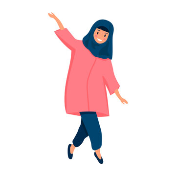 Muslim Woman Dancing In A Blue Headscarf. Vector. EPS Format
