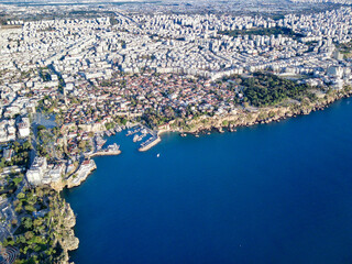 Aerial photograph of Antalya bay in Antalya city from high point of drone fly on sunny day in...