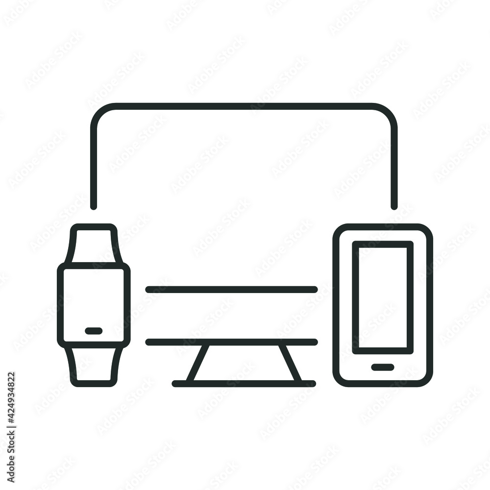 Poster computer monitor, smartwatch and mobile phone line icon. simple outline style. cloud connection betw