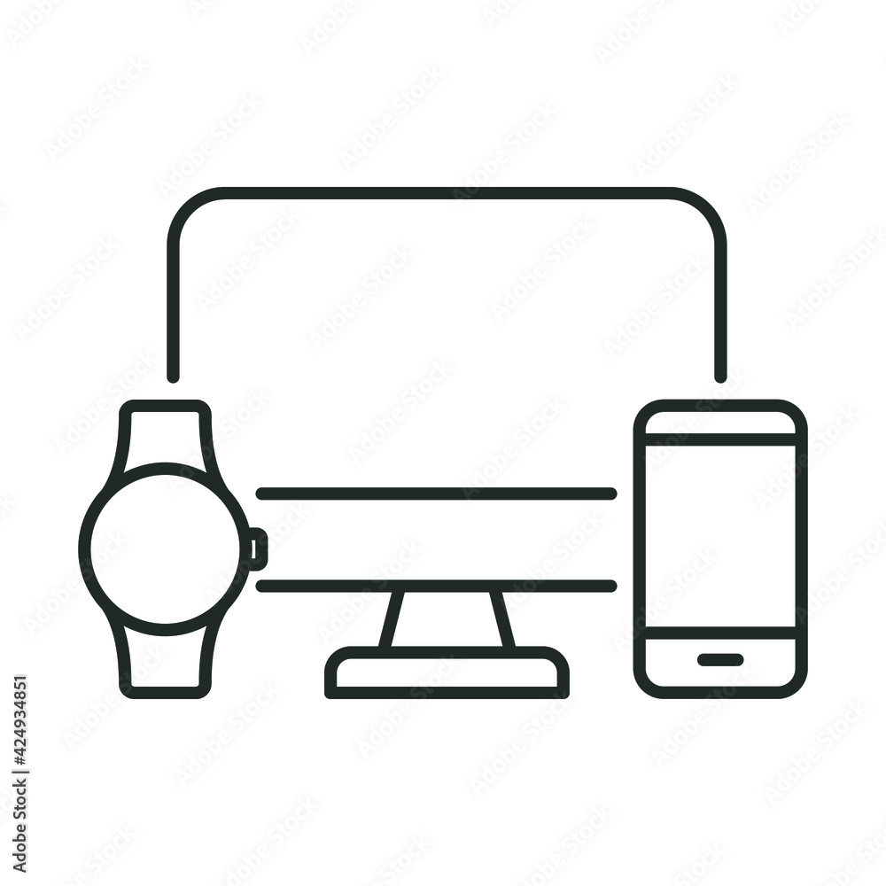 Poster computer monitor, smartwatch and mobile phone line icon. simple outline style. cloud connection betw