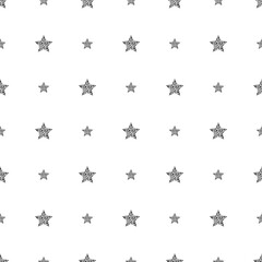 Seamless cute pattern with little different black stars, dots and circles on white background.