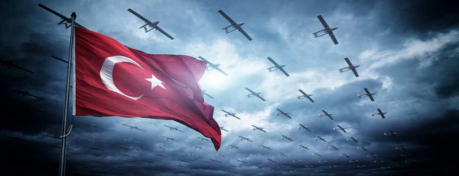 Turkish military combat drone. An imaginary unmanned aerial vehicles are modelled and rendered.