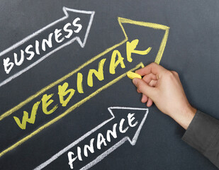 Arrows are drawn on the board, inside which there are inscriptions - Business, Finance, WEBINAR