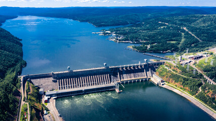 Aerial photography. Bird's eye view of the Krasnoyarsk Hydroelectric Power Plant. A powerful dam...