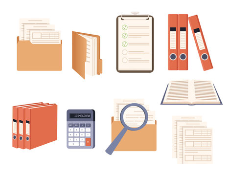 Office supplies set hard cardboard folders with iron rings office folders envelopes scrapbook accessories vector illustration on white background