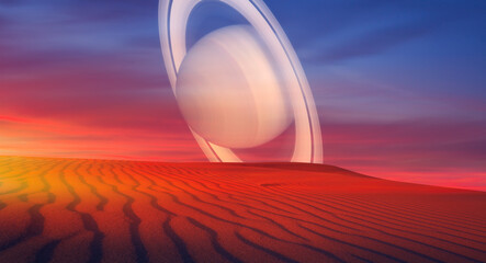 Saturn planet over the desert at sunset